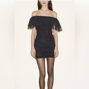 Maje Black White Polka Dot Off the Shoulder Ruffle Mini Dress Size Small-Medium